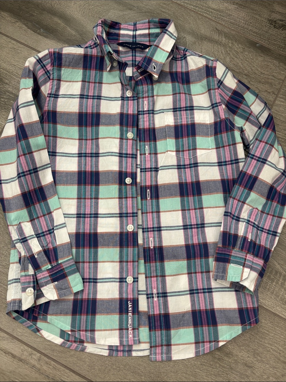 Janie and Jack size 5 Button-Down Plaid boys  Shirt in Teal, Navy & Pink